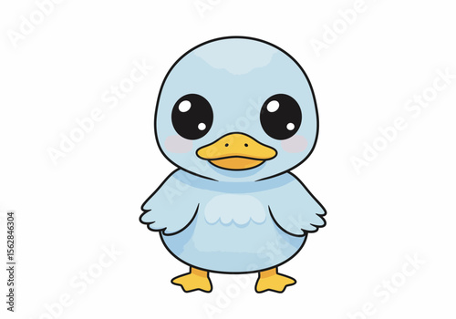 Adorable light blue duckling cartoon with big eyes yellow beak and feet