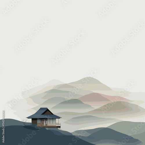 Minimalist illustration of a small house on a hill with soft pastel mountain layers in tranquil landscape