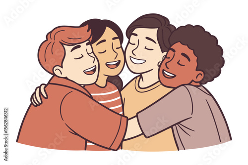 Embracing Friendship: A heartwarming illustration of four diverse friends, eyes closed, enfolded in a joyful group hug. Representing solidarity, affection, and genuine connection.