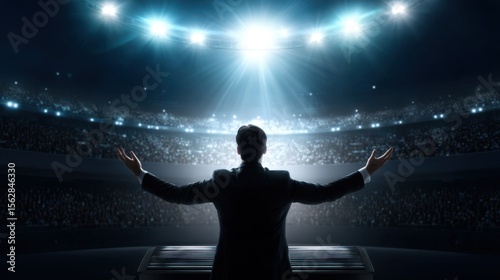 Man in dark suit stands on stage with arms outstretched, facing packed stadium with intense stage lights and vast crowd in dramatic, grand atmosphere.