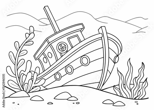 Sunken Shipwreck Coloring Page with Seaweed and Rocks on the Ocean Floor Illustration