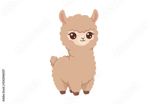 Cartoon alpaca with fluffy light brown fur big eyes small nose and pink cheeks stands centered on a white background