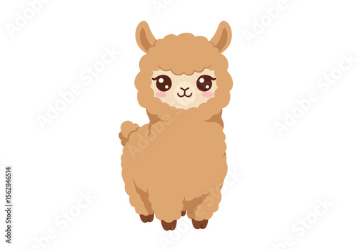Cartoon alpaca with brown wool pink cheeks and black eyes standing against a white background