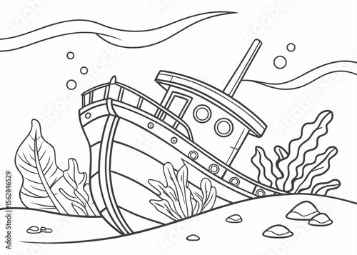 Line art illustration of a sunken ship underwater with seaweed and rocks on the ocean floor