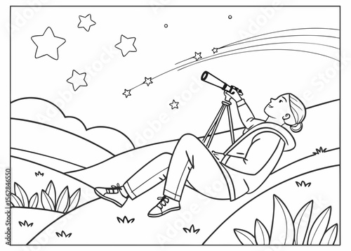 Coloring page of woman looking through telescope at stars and constellation in the night sky