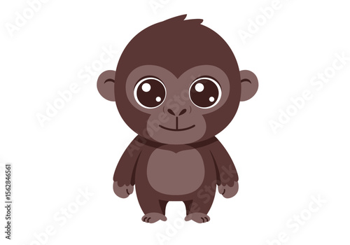 Cartoon baby gorilla with big eyes dark brown fur a light brown belly small ears and a tiny tuft of hair