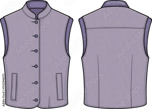 Purple sleeveless vest front and back view, stylish modern fashion design for men, elegant casual outerwear clothing illustration template