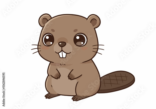 Cartoon beaver seated big eyes buck teeth brown fur flat tail with crisscross texture