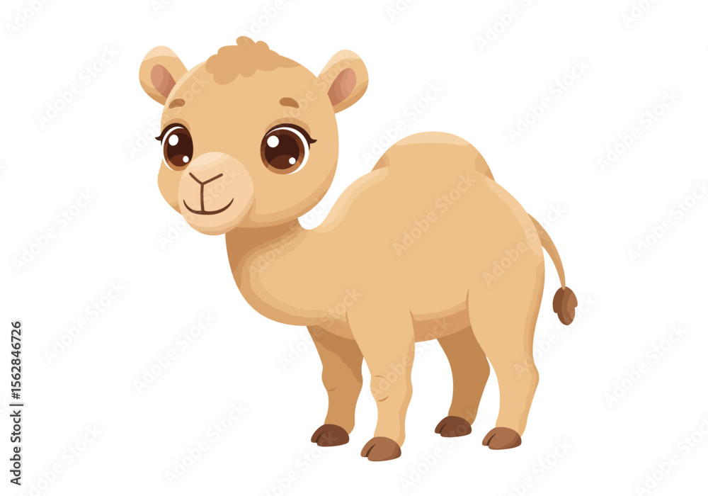 Naklejka premium Cartoon camel with big eyes and single hump standing on a white background