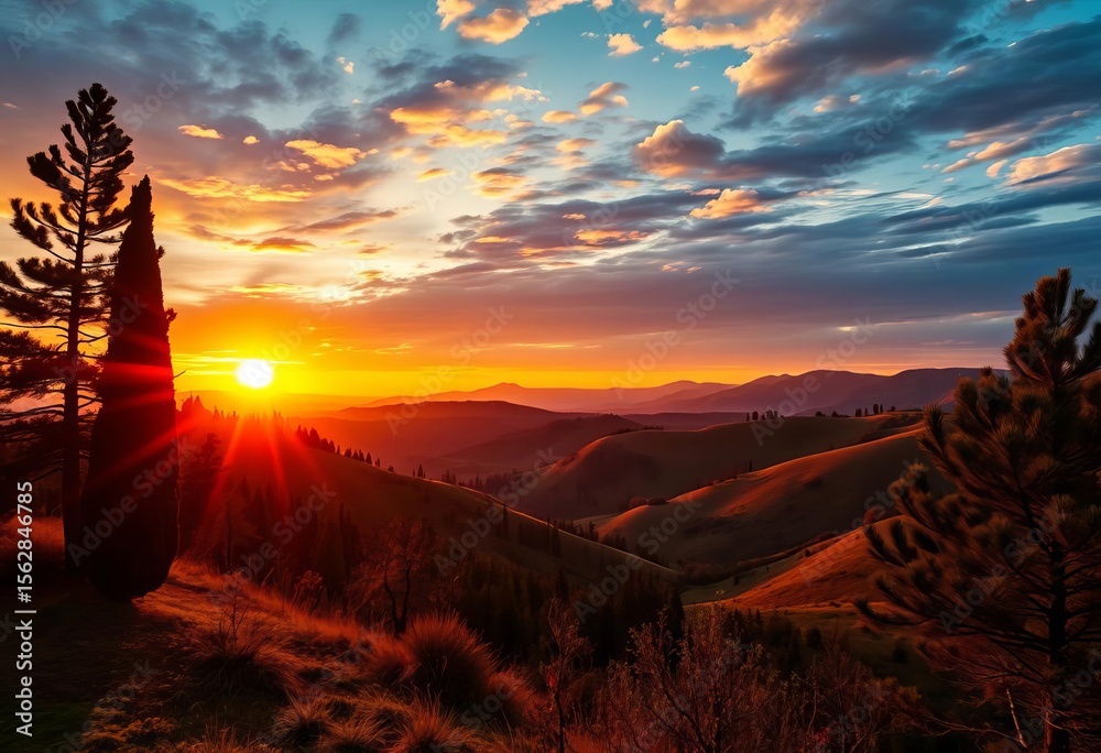 Naklejka premium Sunrise illuminates rolling Italian hills, cypress and pine trees silhouetted against a vibrant sky, scenic, picturesque