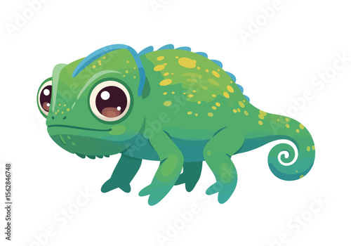 Cartoon chameleon green spots big eyes curled tail four legs blue crest