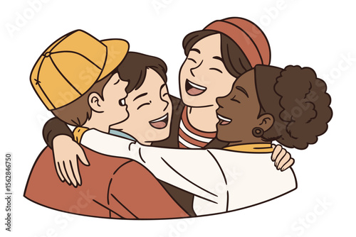 Joyful Gathering: A group of friends embrace in a warm hug, their faces alight with laughter and a deep sense of belonging.