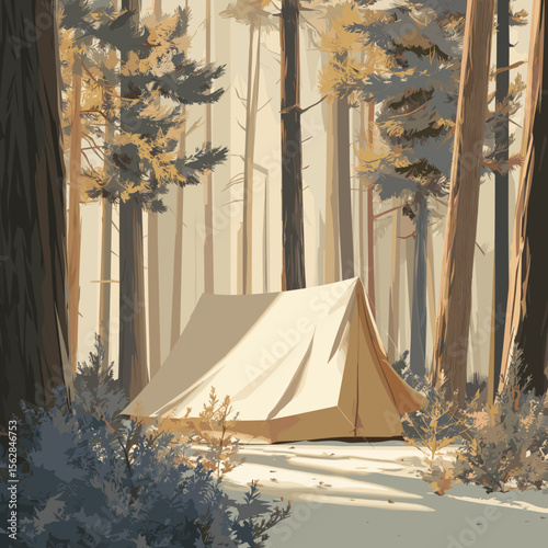 Digital illustration of camping tent in sunlit forest with tall trees and natural foliage in tranquil setting