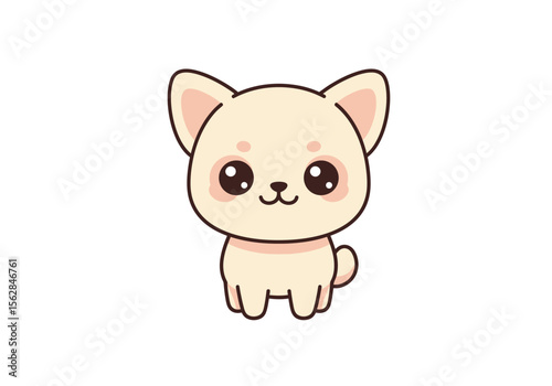 Cartoon chihuahua with big eyes rosy cheeks small mouth and tail standing against a white backdrop