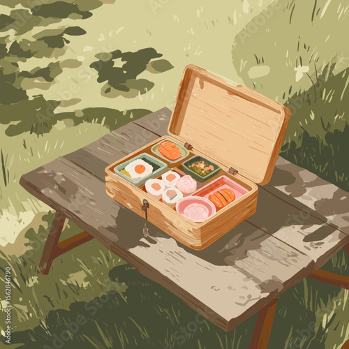 Illustration of bento lunch box on rustic wooden picnic table in grassy outdoor setting with natural light