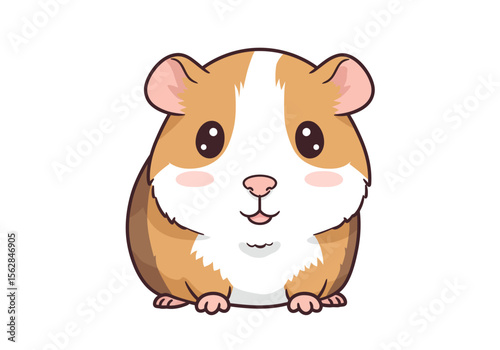 Cartoon guinea pig with brown and white fur pink cheeks and dark eyes sitting against a white background