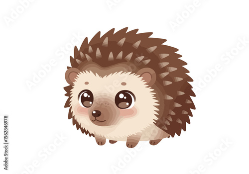 Cartoon hedgehog with brown quills big eyes small paws and pink cheeks stands on a white background