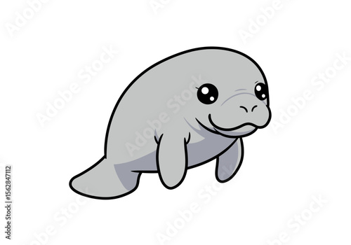 Cartoon manatee with large eyes and flippers light gray body thick black outline