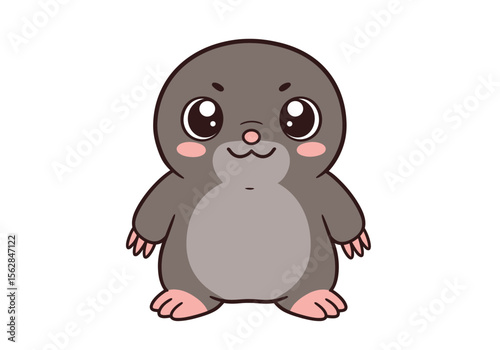 Cartoon mole A cute gray mole with big eyes pink cheeks and small paws stands against a white backdrop