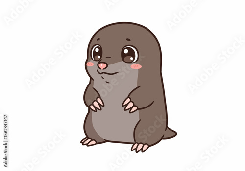 Cartoon mole standing upright with large eyes pink nose and blushed cheeks
