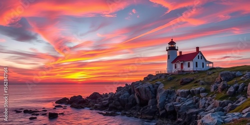 Vibrant sunset hues paint Peggy's Cove lighthouse and rocky coastline, sky, scenic