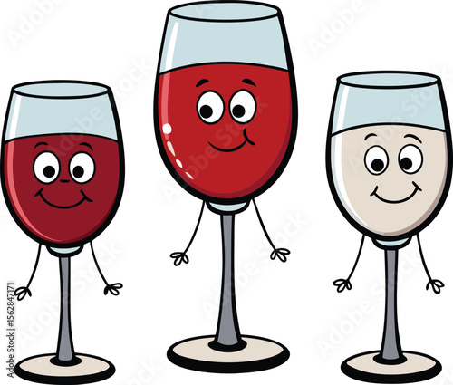 Cartoon Wine Glasses Red, White, and Rosé Illustrations