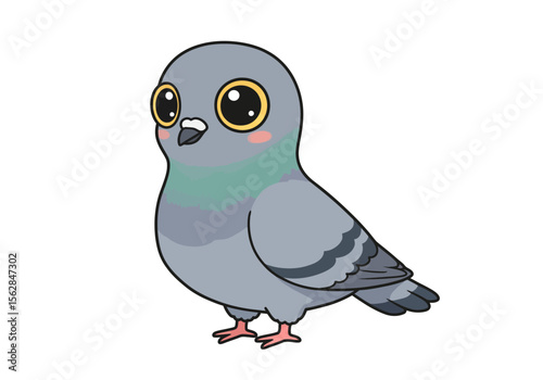 Cartoon pigeon with big eyes and pink cheeks stands against a white background