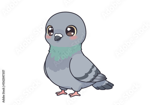 Cartoon pigeon with large eyes gray body  pink cheeks