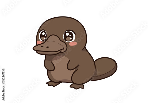 Cartoon platypus with brown fur pink cheeks and large shiny eyes stands against a plain white background