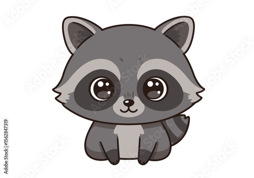 Cartoon raccoon with black eye markings gray fur and large shiny eyes sits against a white backdrop