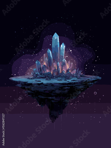 Fantasy illustration of glowing crystals on floating island in outer space with dark starry background