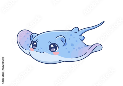 Cartoon stingray blue body large eyes pink cheeks spotted pattern simplified with a long tail