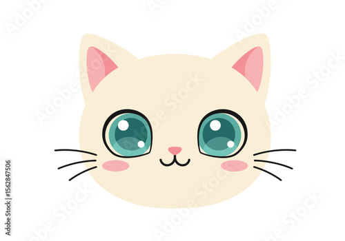 Cartoonish depiction of a cats face with teal eyes pink cheeks and pointy ears
