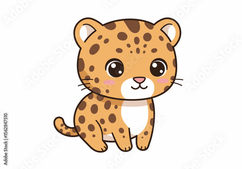 Cartoonish cub with brown spots pink cheeks and big eyes sits against a white background