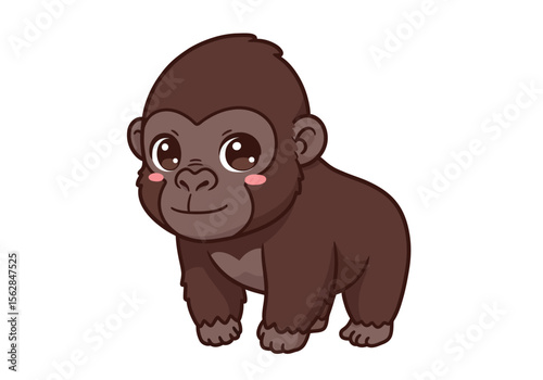 Cartoonstyle gorilla with pink cheeks and big eyes stands on a white background