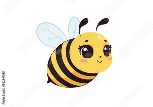 Cute cartoon bee with large eyes pink cheeks yellow head and body and black stripes on a white background