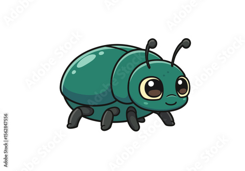 Cute cartoon beetle is emerald green with black legs and antennae
