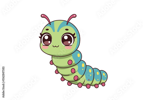 Cute cartoon caterpillar with big eyes pink cheeks and segmented body with green and blue colors