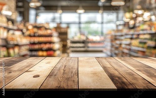 Empty shopping cart in an old, wooden supermarket with food shelves in the background