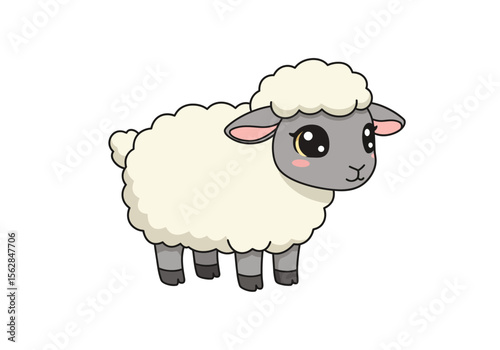 Cute cartoon sheep with fluffy wool and big eyes standing on a white background