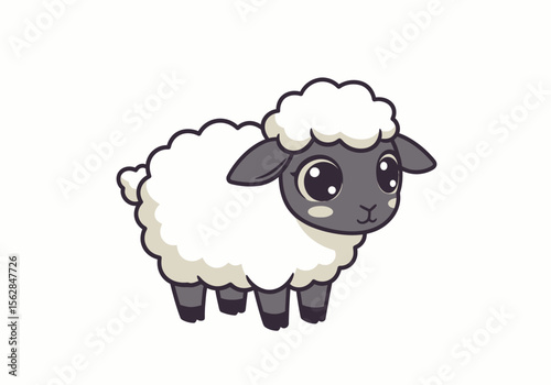 Cute cartoon sheep with big eyes white woolly fleece grey face and legs on white background