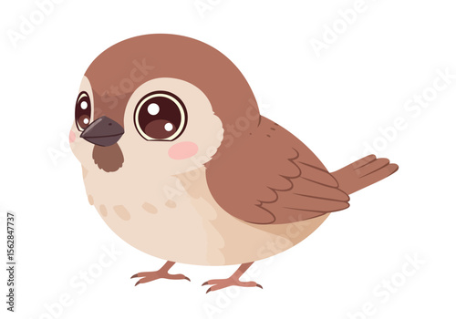 Cute cartoon sparrow with brown feathers big eyes and pink cheeks