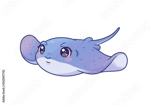 Cute cartoon stingray with big eyes pink cheeks purple spots and a long tail