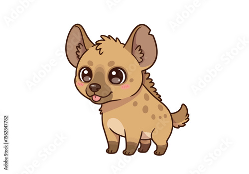 Cute hyena cartoon with brown spots big eyes and its tongue sticking out