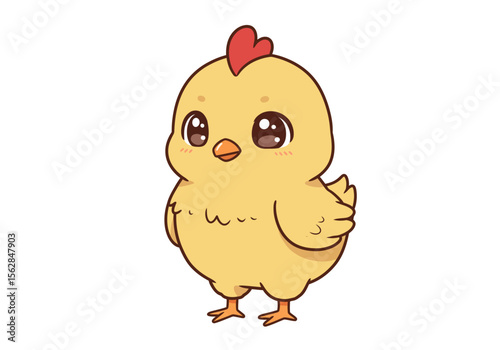 Cute yellow chick with big eyes and a red comb on its head