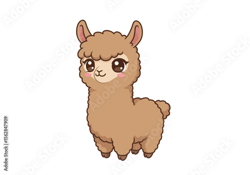 Cute stylized cartoon alpaca brown fur and large eyes against a white background