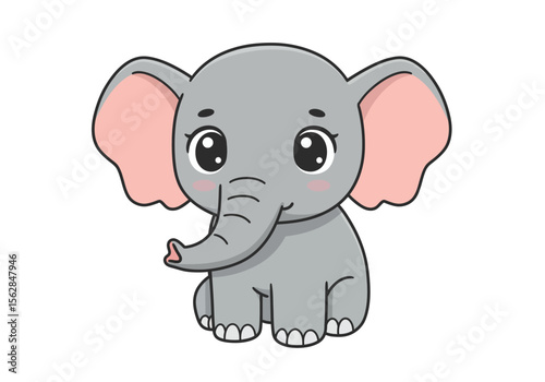 Gray cartoon elephant with large pink ears trunk curled sitting
