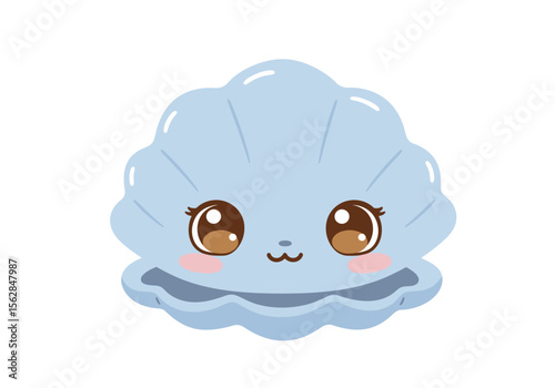 Kawaii seashell cartoon with blushing cheeks and large bright eyes and a small mouth