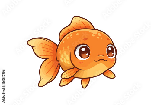 Orange cartoon goldfish with large eyes fins and a cute face set on a plain white background