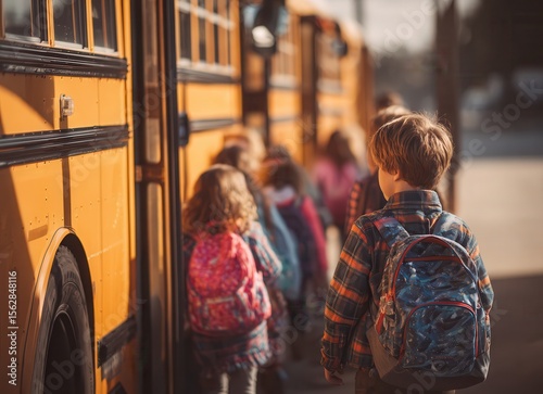 children getting on yellow school bus with backpacks in parking lot